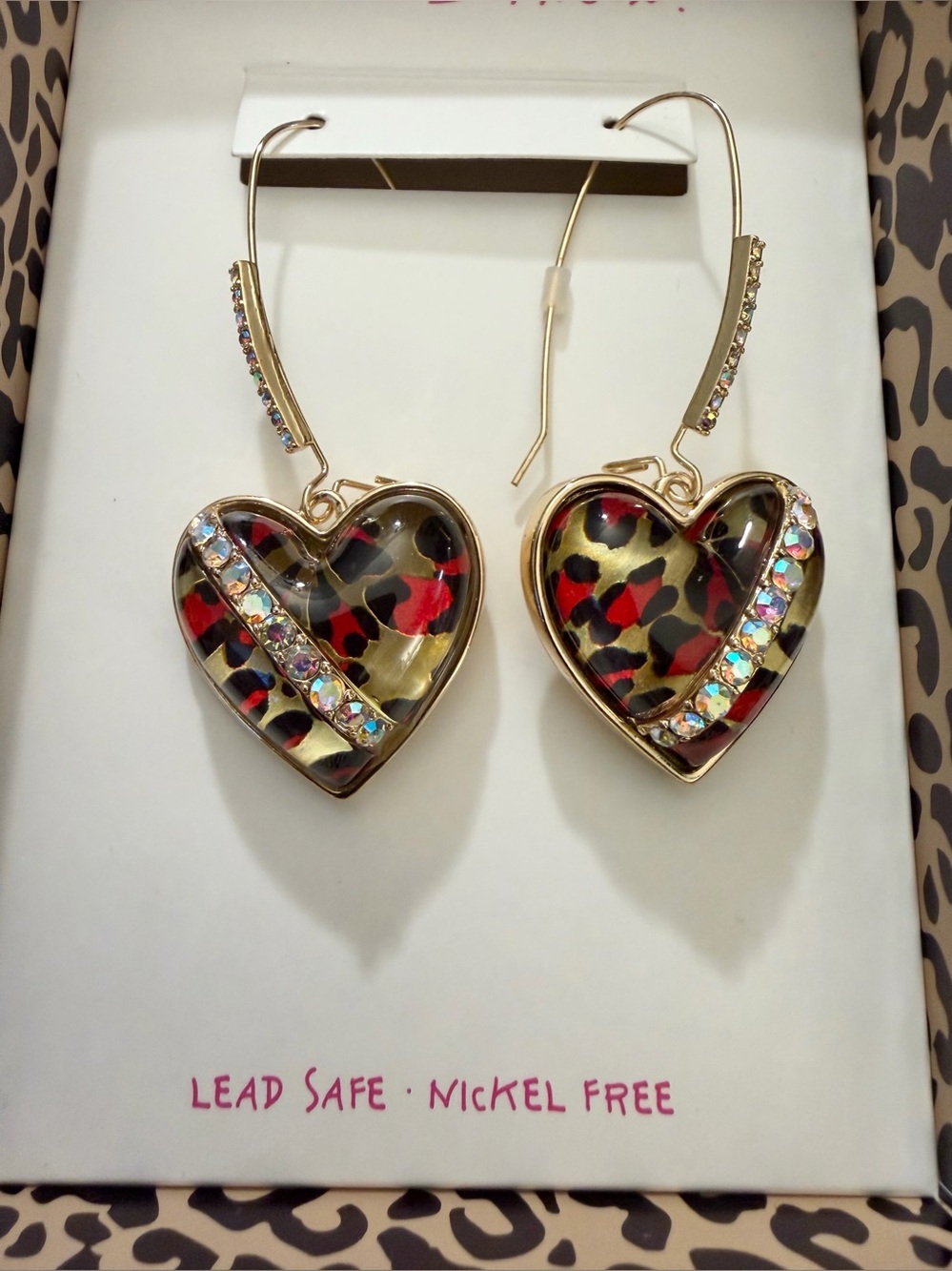Betsey Johnson Gold-Tone Crystal Leopard Print Heart Earrings NIB! - Picture 3 of 5